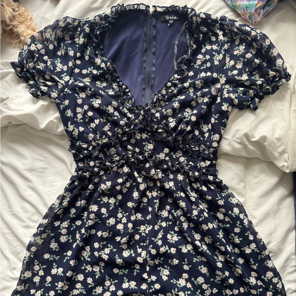 Trixxi Navy Floral Romper with Ruffles